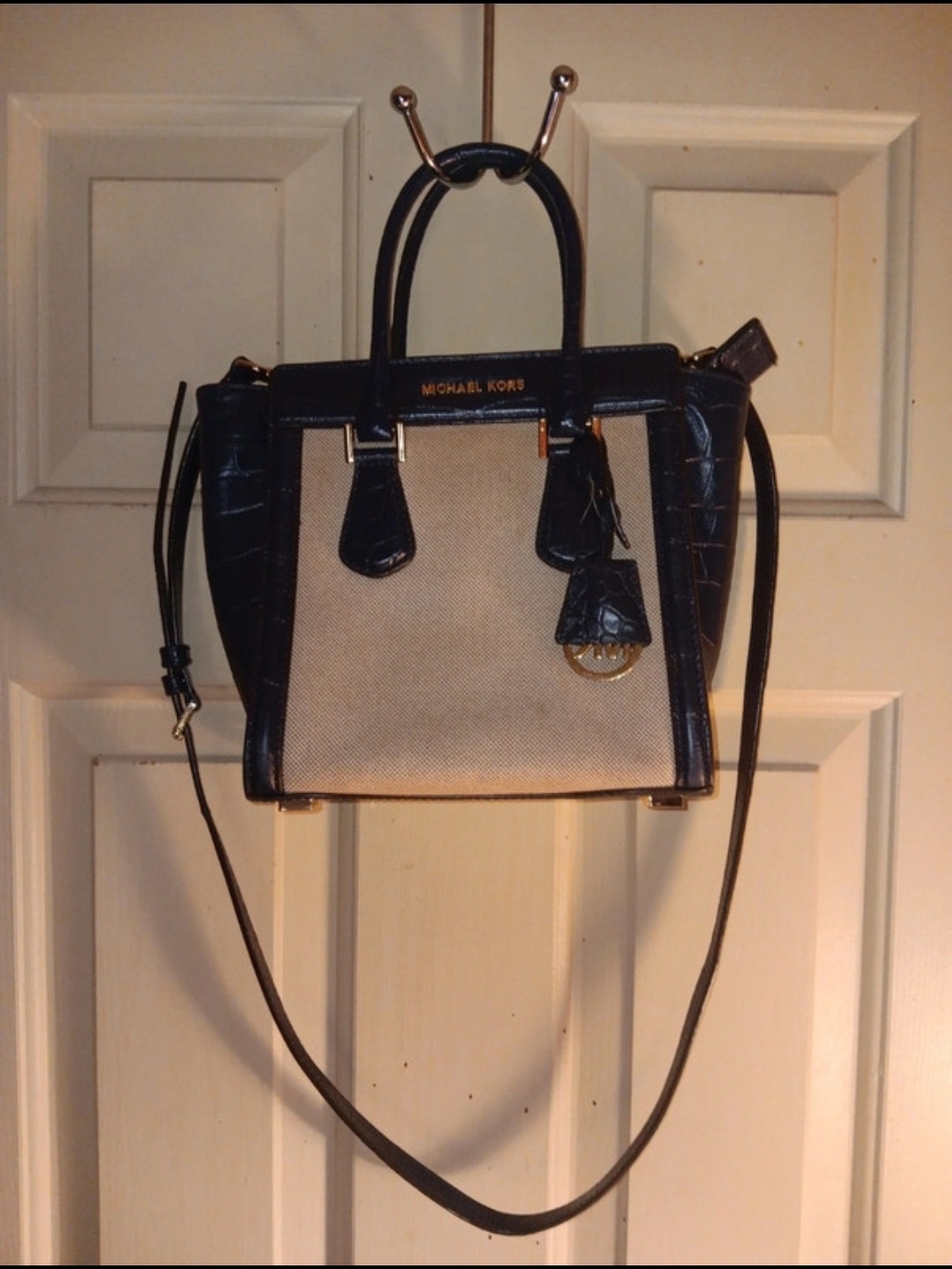 Michael Kors Beige Canvas and Dark Blue Croc Embossed Leather Crossbody Satchel